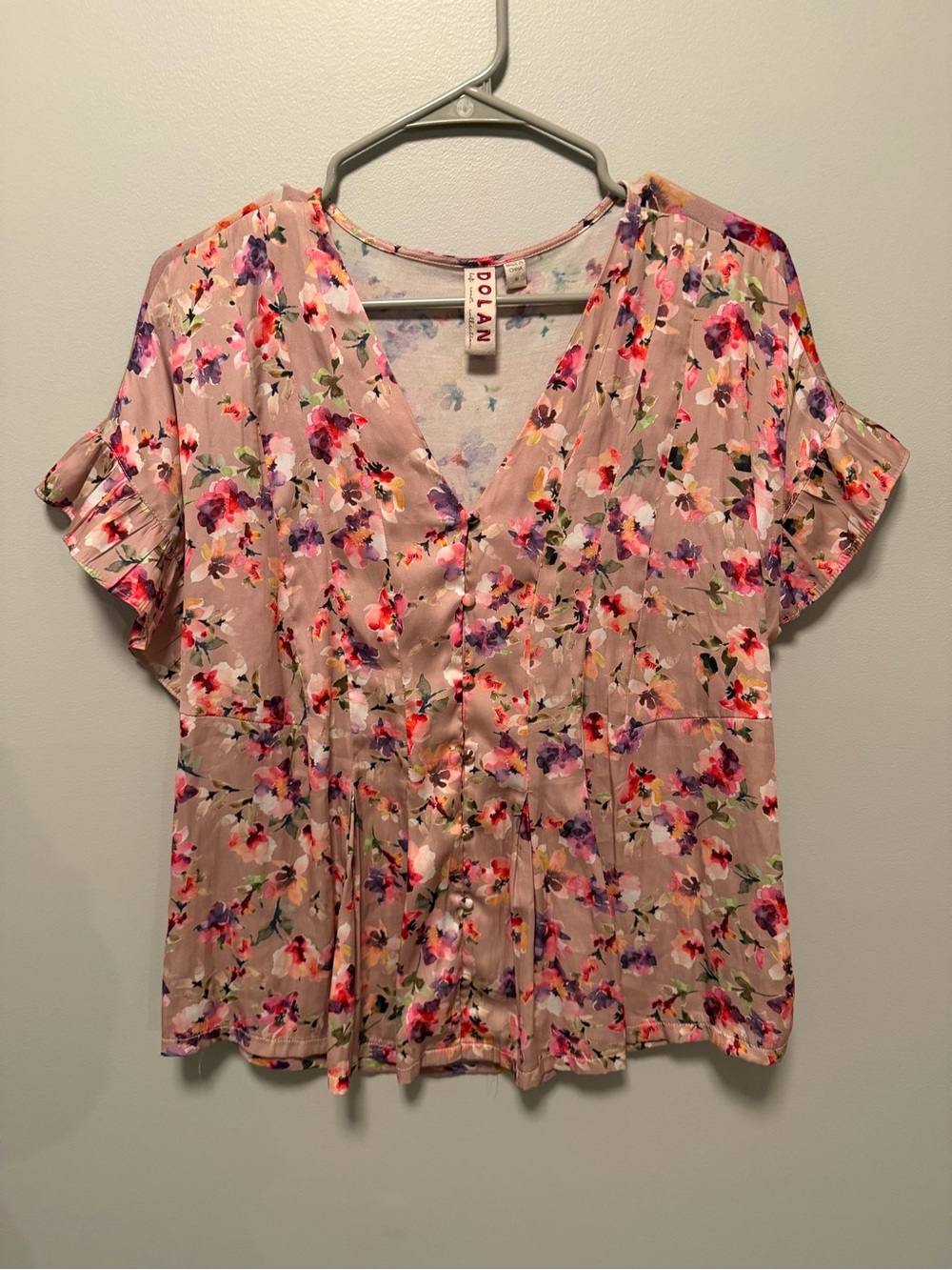 dolan Pink Floral V-Neck Blouse with Flutter Sleeves
